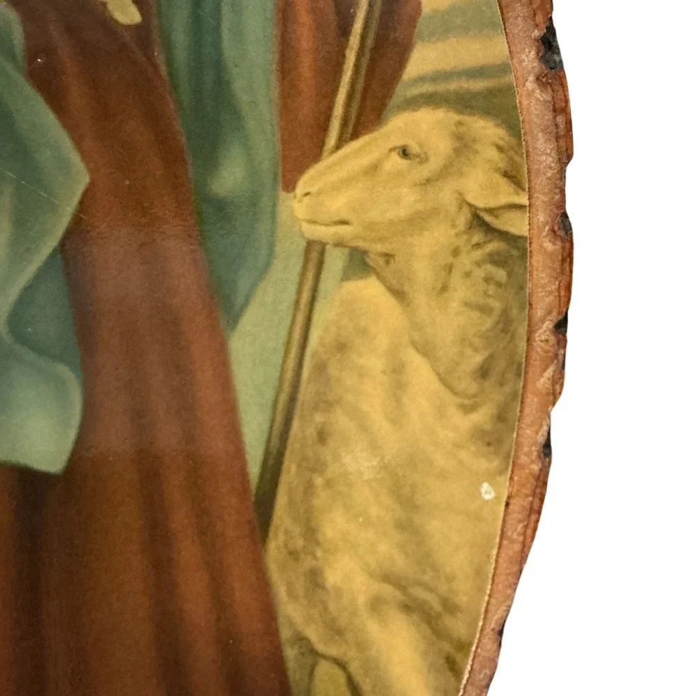 Vintage The Good Shepherd Jesus Christ Wood Slice Wall Plaque Rustic Bark Edge